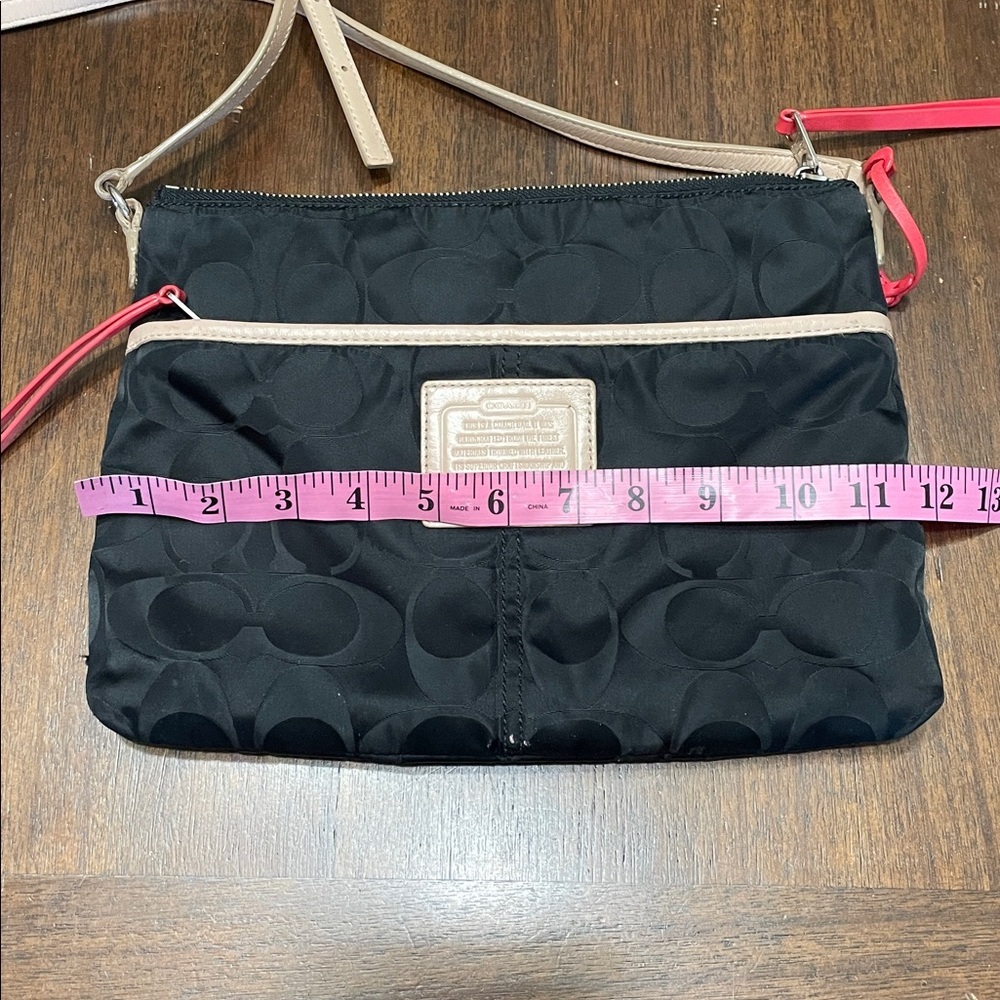 Coach Signiture Black and Tan Crossbody Bag with Red Accent - Picture 10 of 11